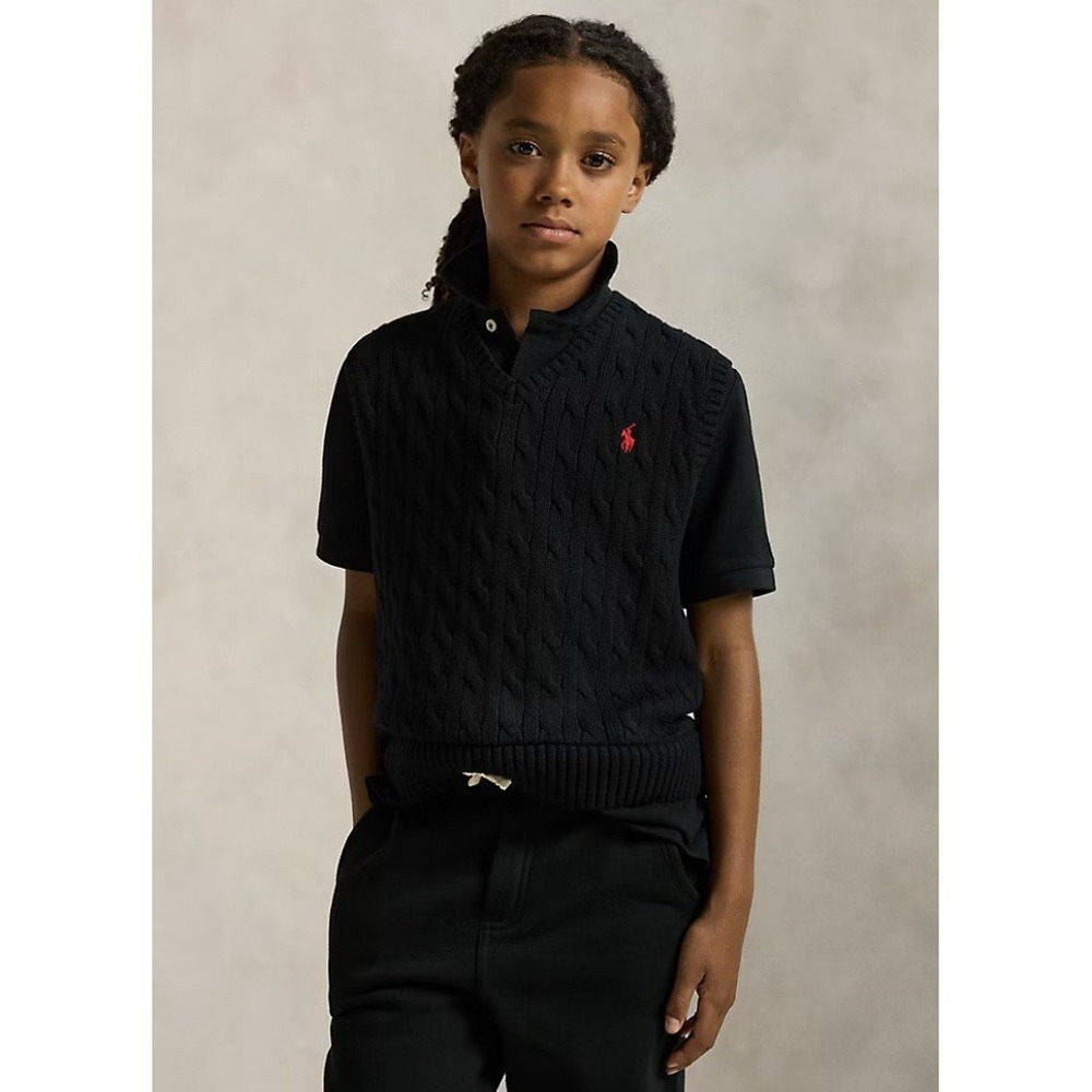Polo Ralph Lauren Cable Knit V-Neck Sweater Vest Youth‎ Boys M Black Red Pony